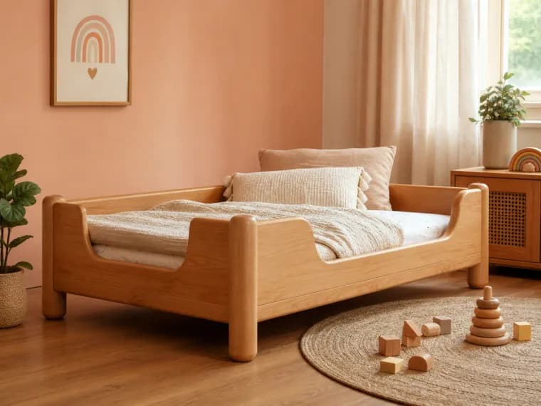 Rounded light solid-wood low children’s bed in a warm peach room