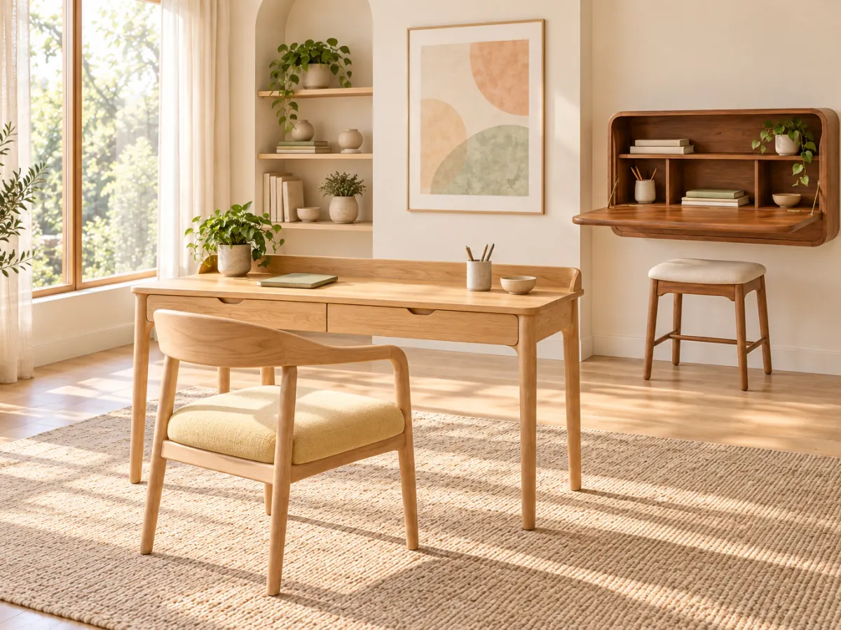Study with a light oak writing desk and curved chair, open wall shelves and a wall-mounted wooden fold-down desk