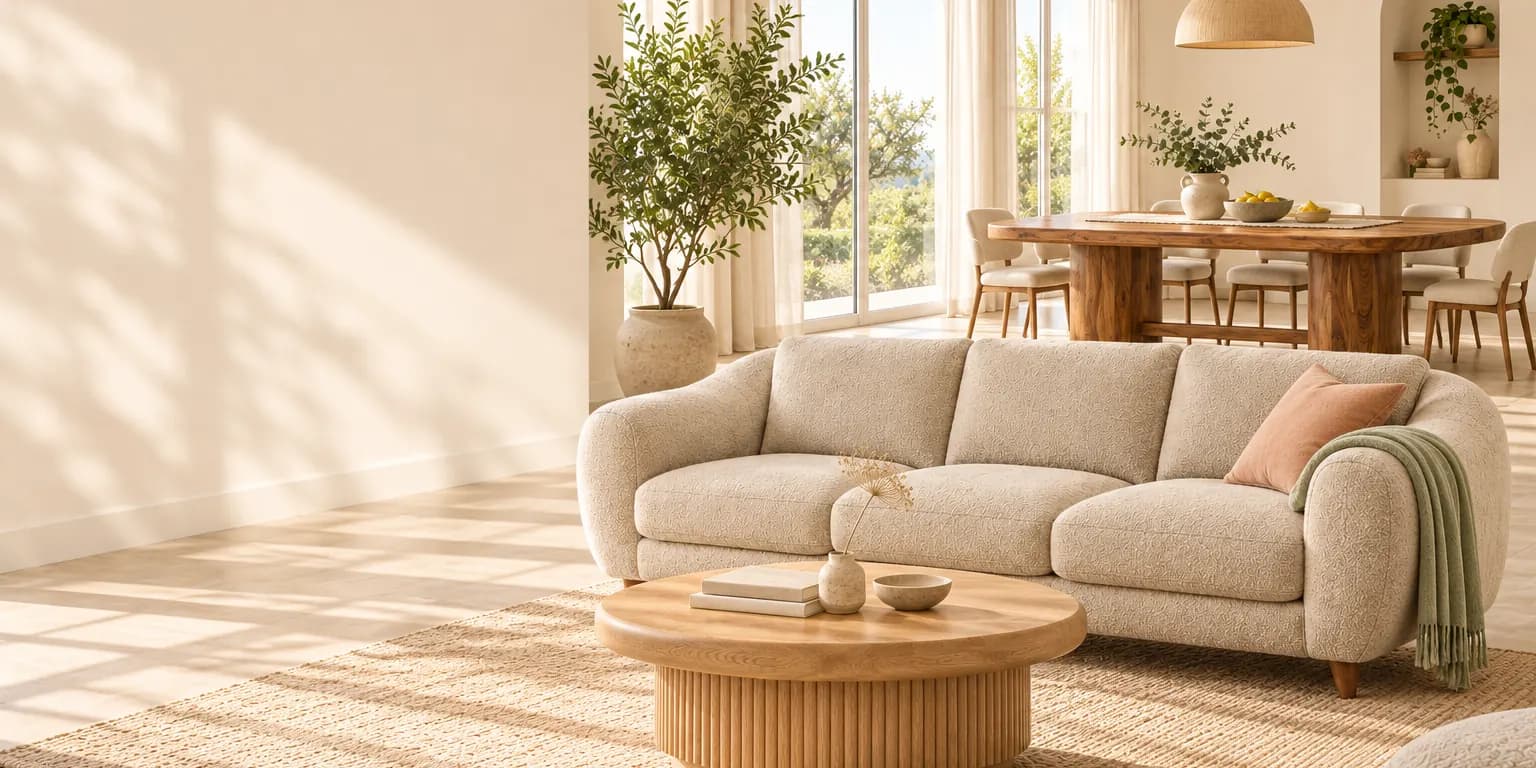 Sunlit open-plan living and dining room with a rounded cream sofa, a fluted round wooden coffee table and a wooden dining table with upholstered chairs