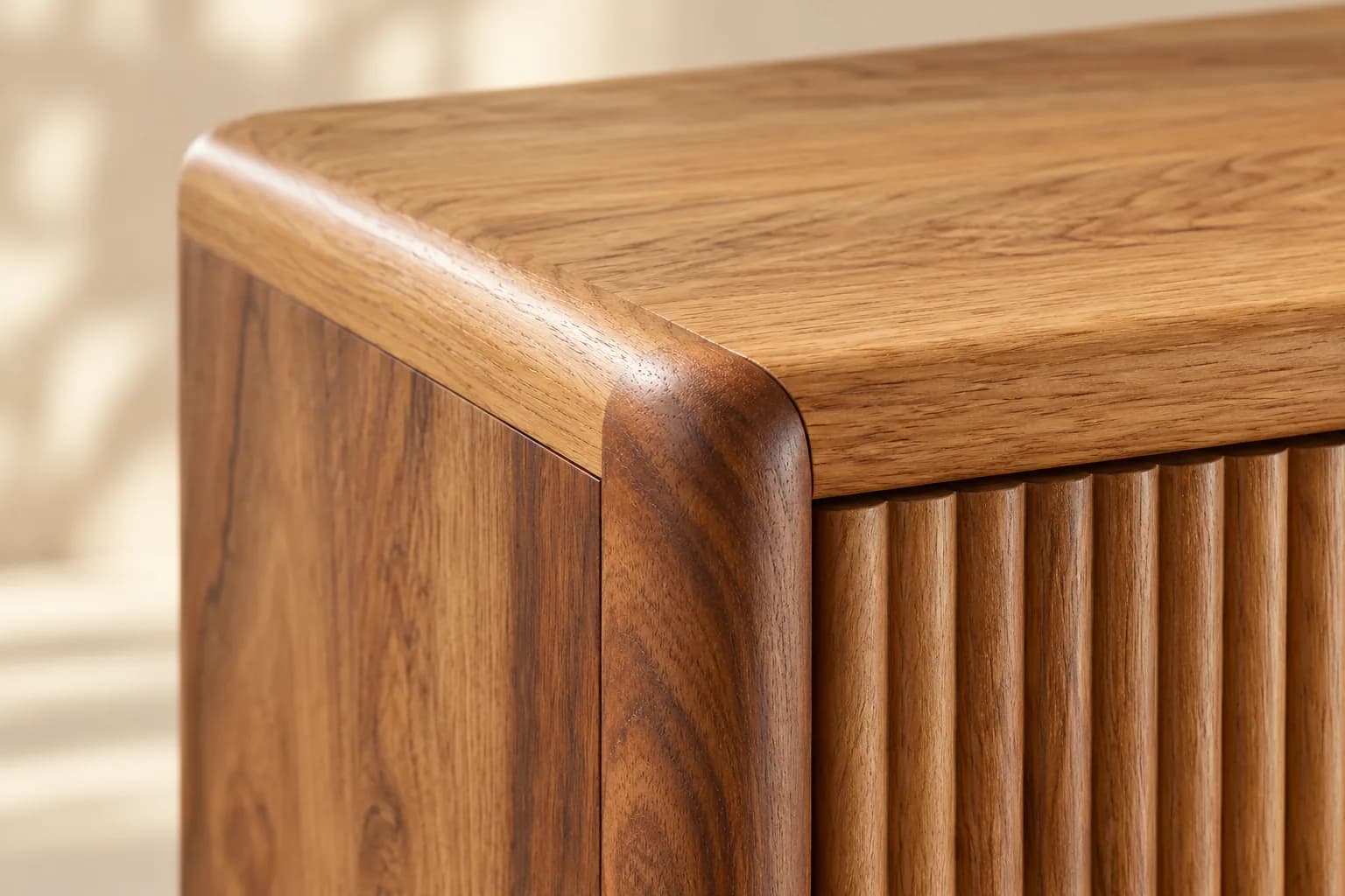 Close view of a rounded wooden cabinet corner meeting a fluted front panel