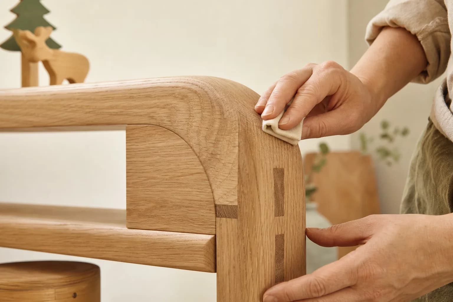 Close view of rounded solid-wood joinery being hand-finished