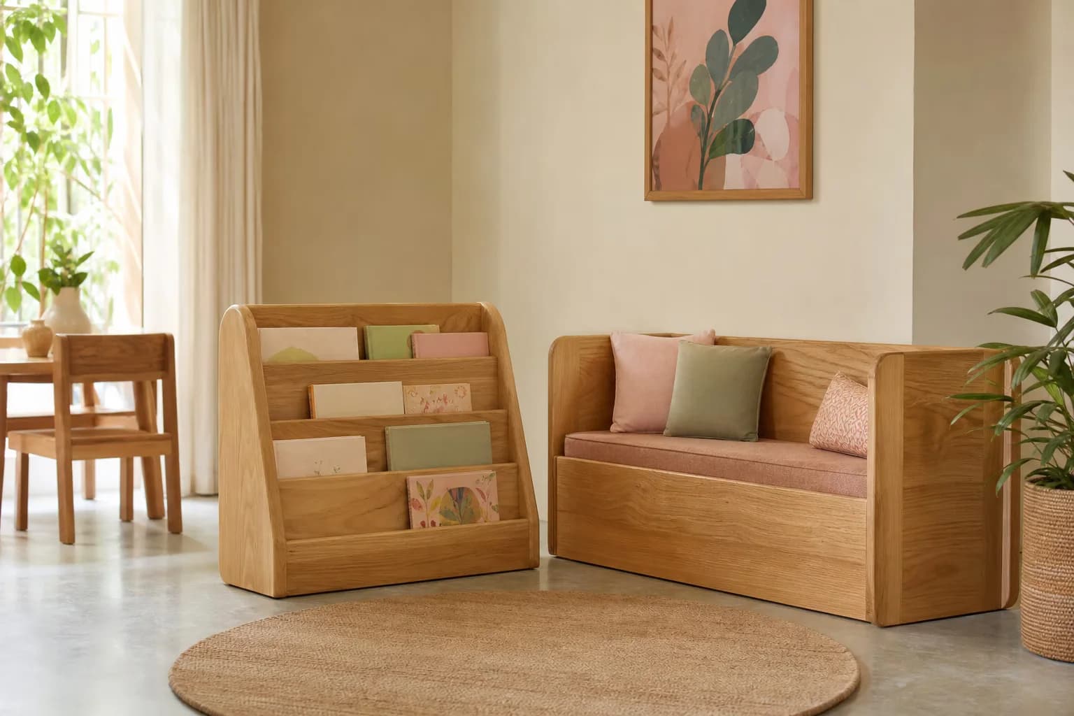 Rounded solid-wood bookshelf and reading bench in a warm room