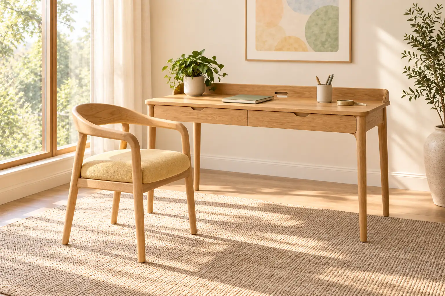 Light oak writing desk with two drawers and a curved chair with a butter-yellow seat in a sunlit study