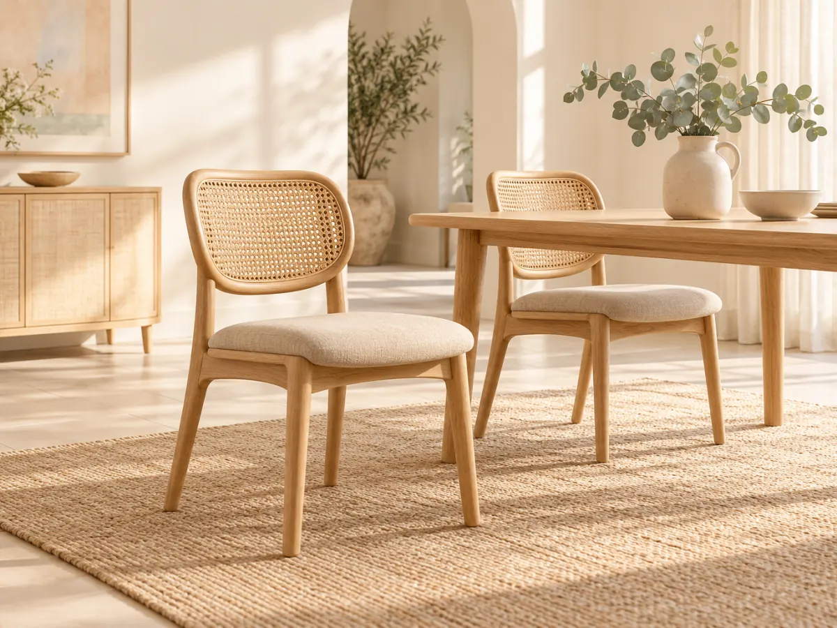 Two Arc dining chairs with curved cane backs and oatmeal seat pads at a light wood dining table in a sunny dining room