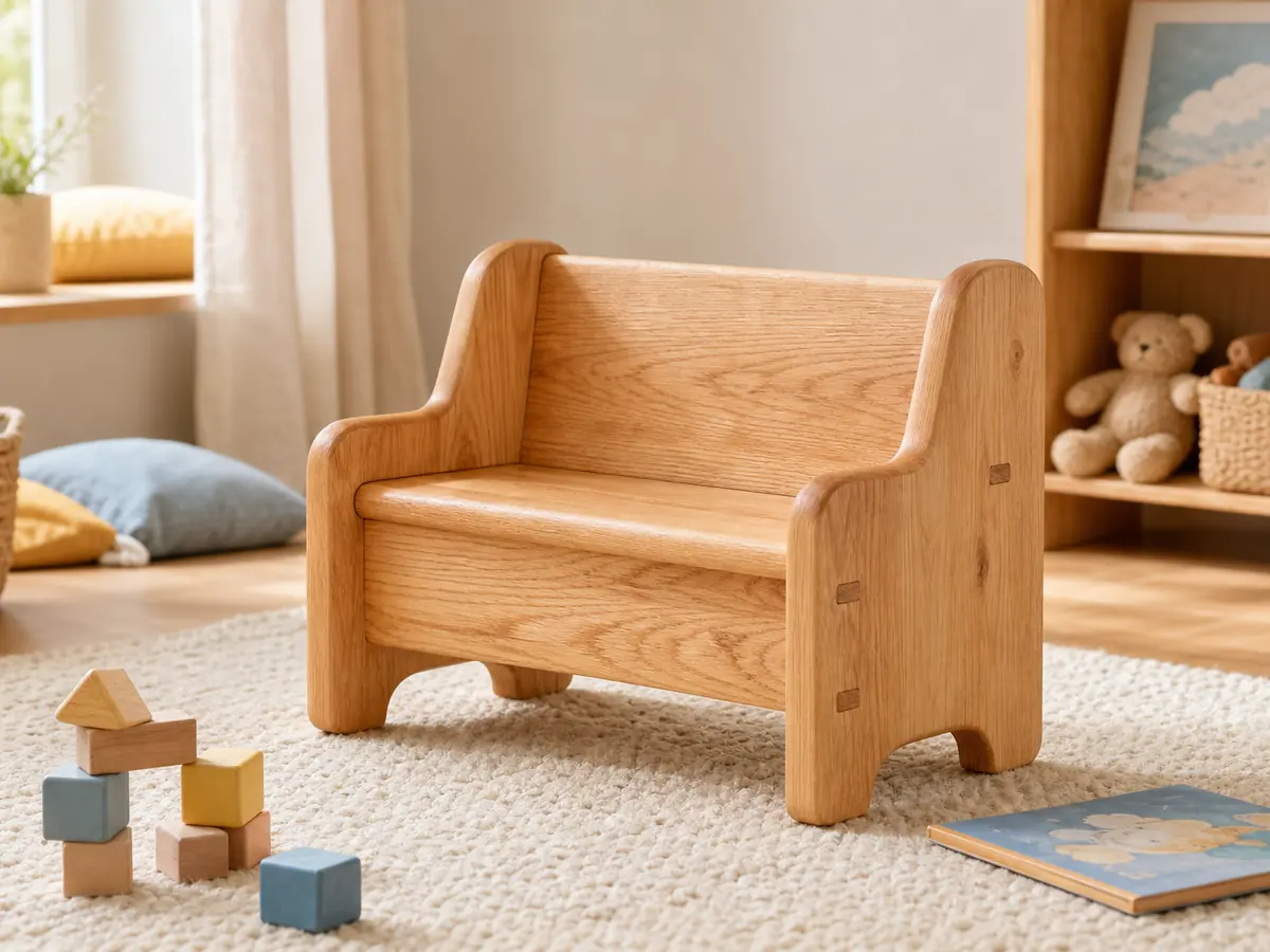 Photograph of the compact rounded light-wood Arc child-height bench in a warm play corner