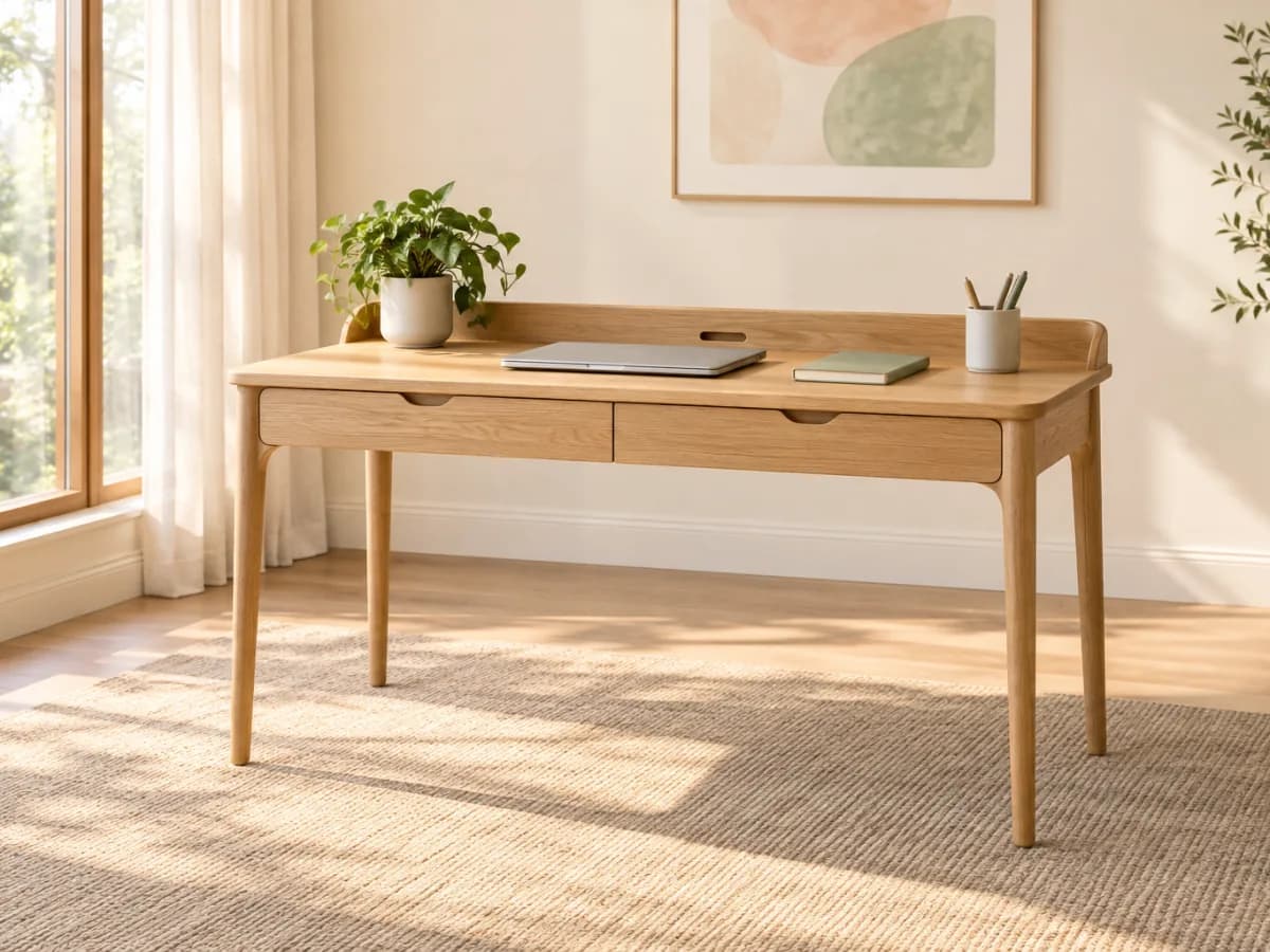 The Atelier oak writing desk with two finger-pull drawers and a raised back ledge, holding a closed laptop and a potted plant
