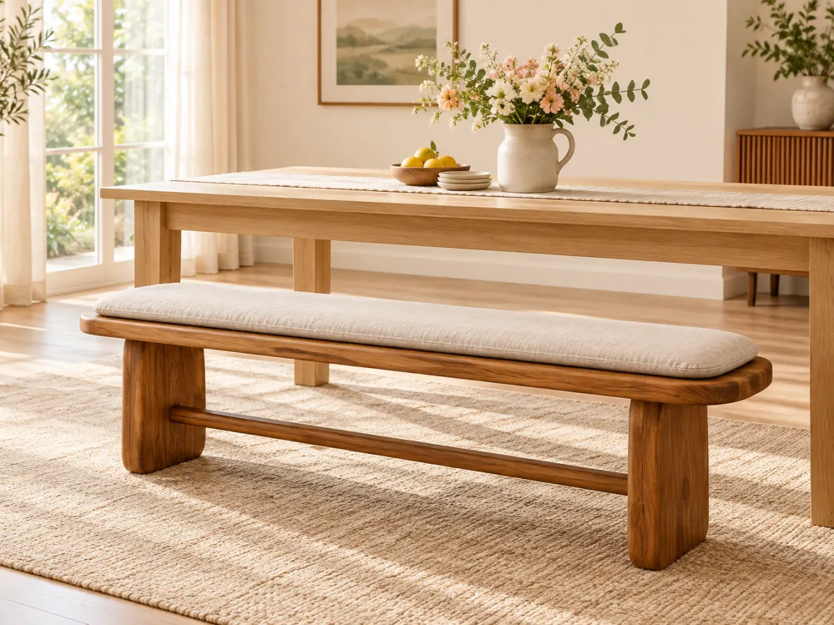 The Banquette solid acacia dining bench with rounded ends and a linen seat pad beside a light wood dining table in a bright dining room