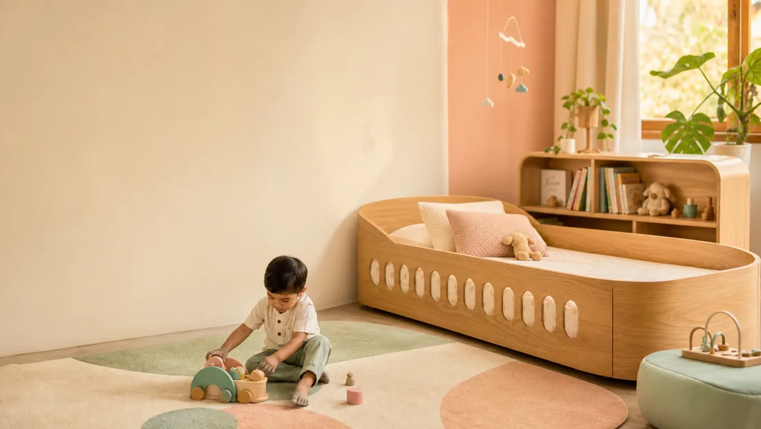 Photograph of a rounded light solid-wood low children’s bed with coordinated book storage in a warm room