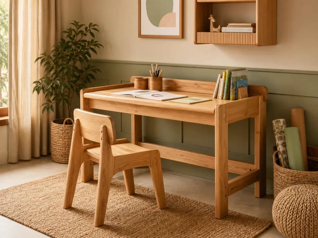 Photograph of a rounded light solid-wood children’s desk and chair in a warm sage study corner