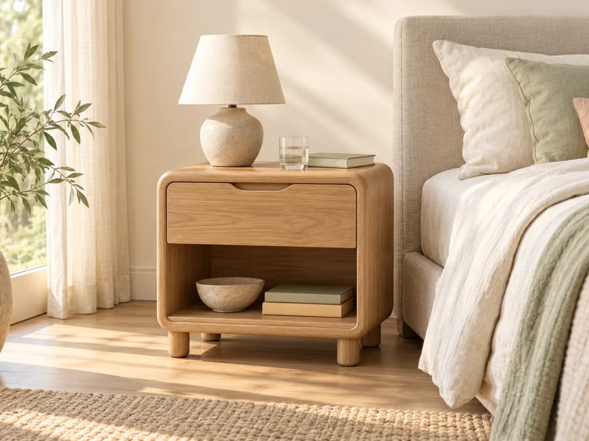 The Cradle oak bedside table with a finger-pull drawer and an open shelf beside a bed, with a ceramic lamp and a glass of water