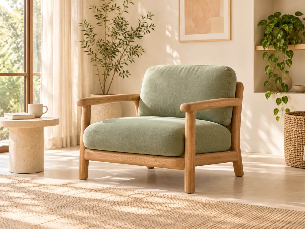 The Dune lounge armchair with a solid oak frame and sage cushions in a sunny reading corner beside a small side table