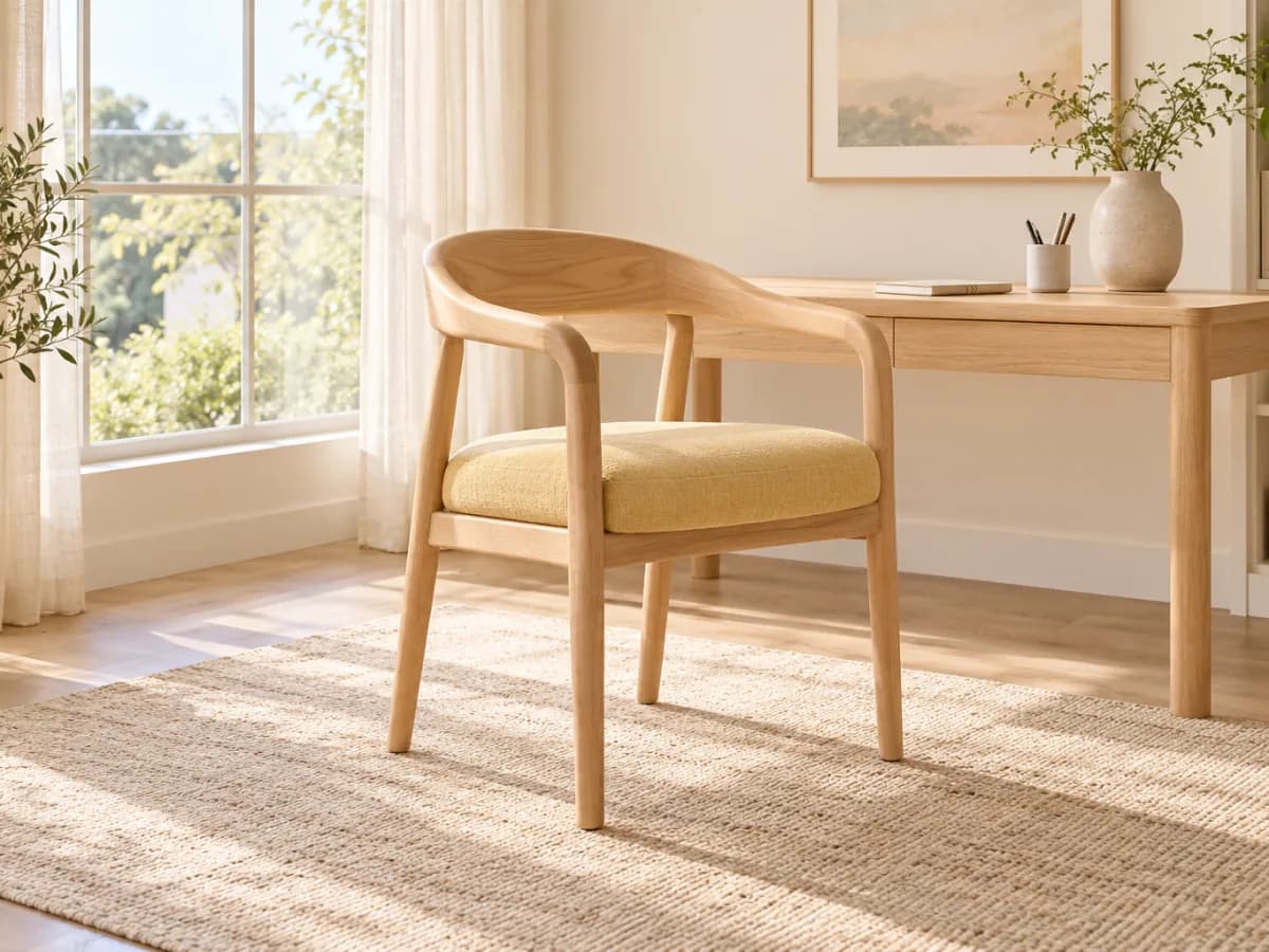 The Frame work chair with a curved beech backrest and a butter-yellow linen seat pulled up to a light oak desk
