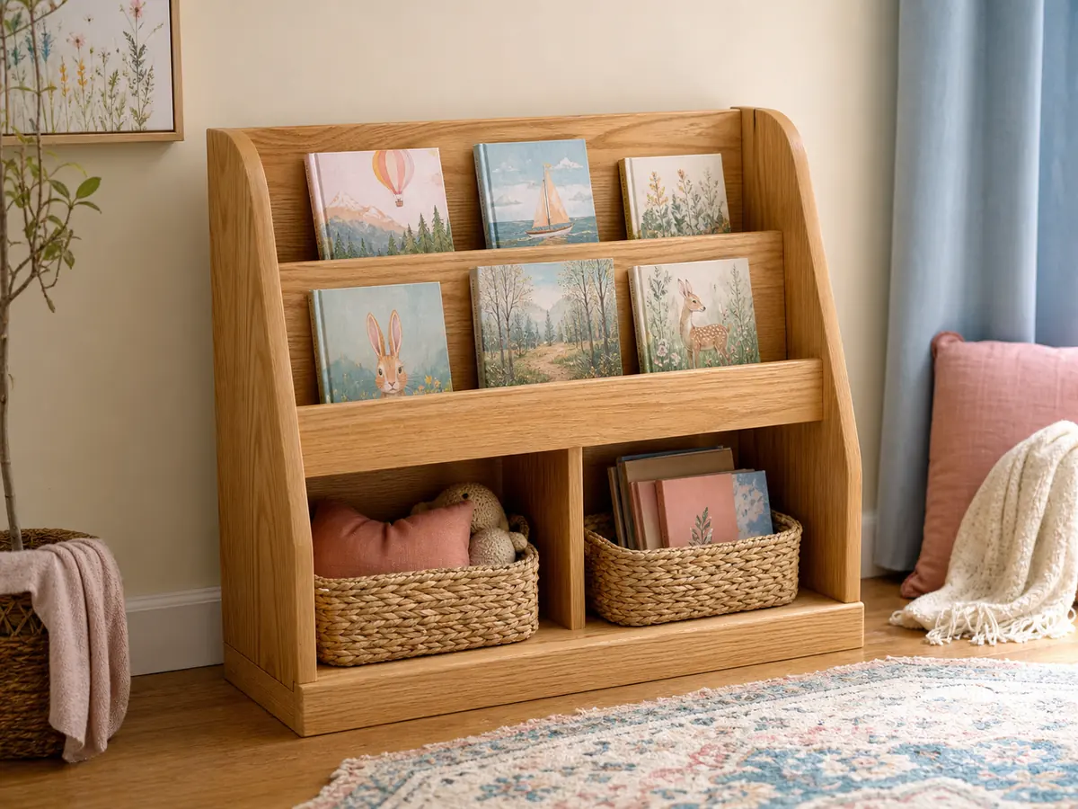 The rounded light-wood Front Row low bookshelf with visible book covers and lower baskets