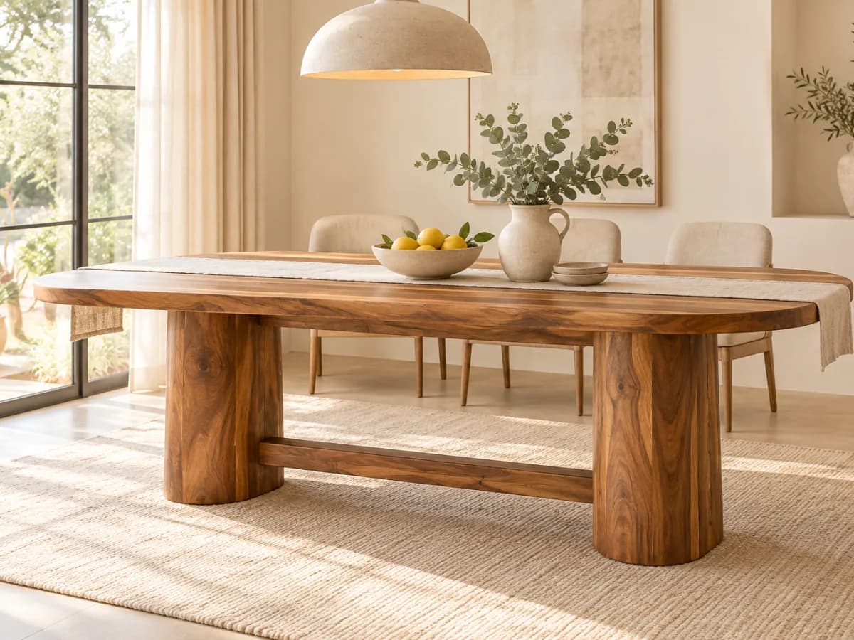 The Gather acacia dining table with a rounded racetrack top on two pedestal legs, set with a linen runner and a bowl of lemons