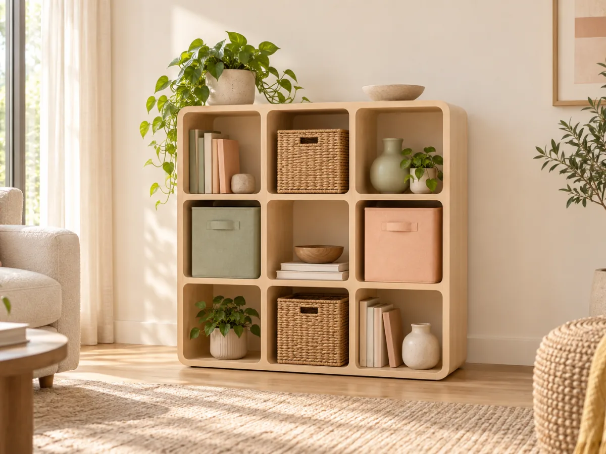The Grid nine-cube birch plywood storage unit with rounded corners, holding books, woven baskets and sage and peach bins