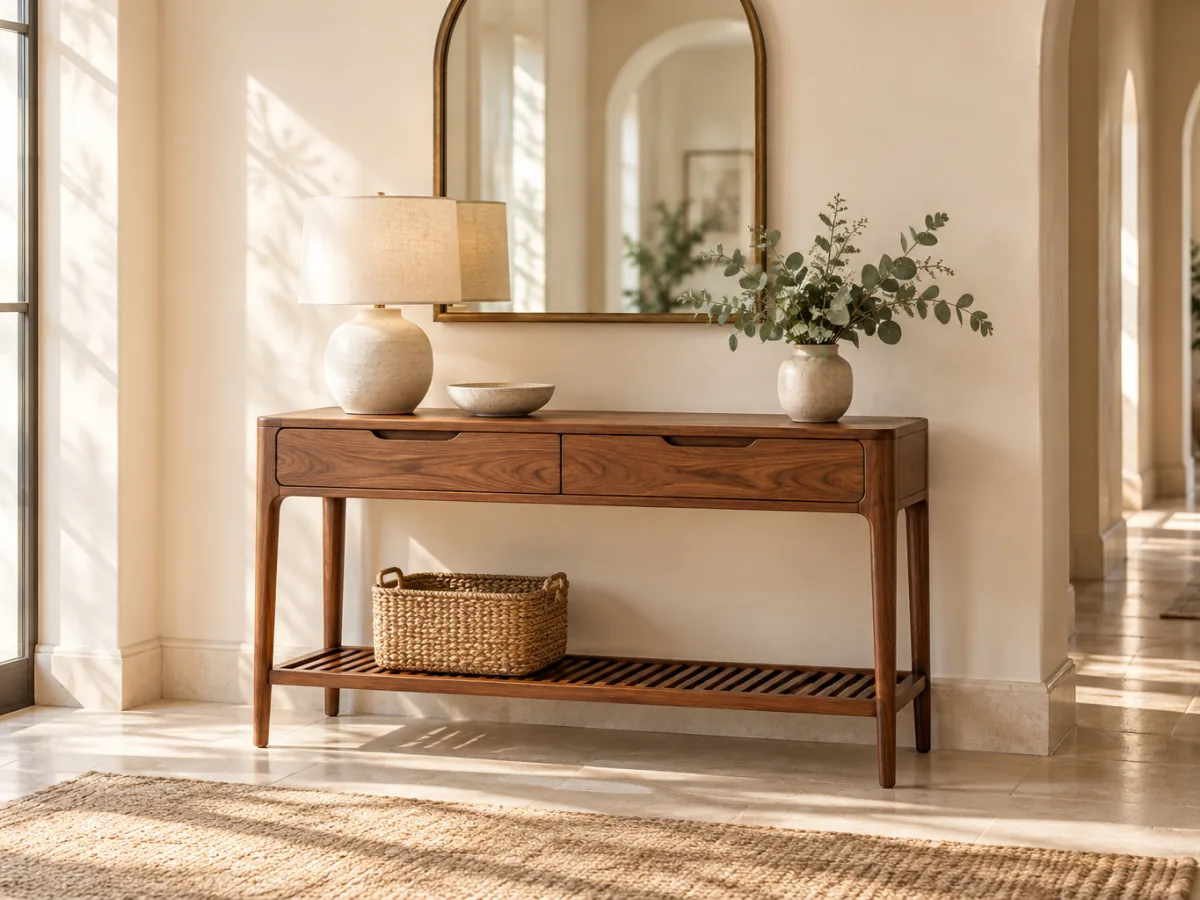 The Hall sheesham console table with two drawers and a slatted lower shelf below an arched mirror in a calm hallway