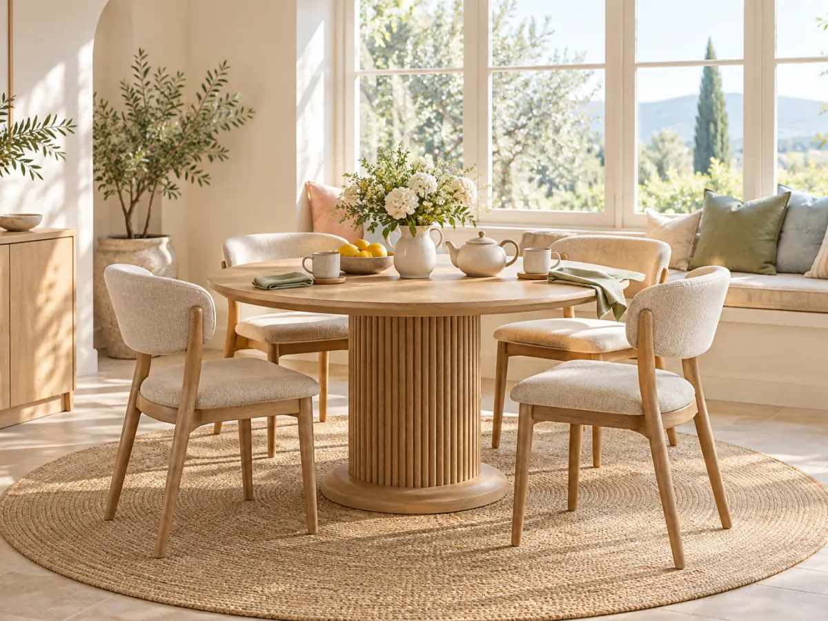 The Halo round oak dining table on a fluted pedestal in a bright breakfast nook, with upholstered chairs and a ceramic teapot