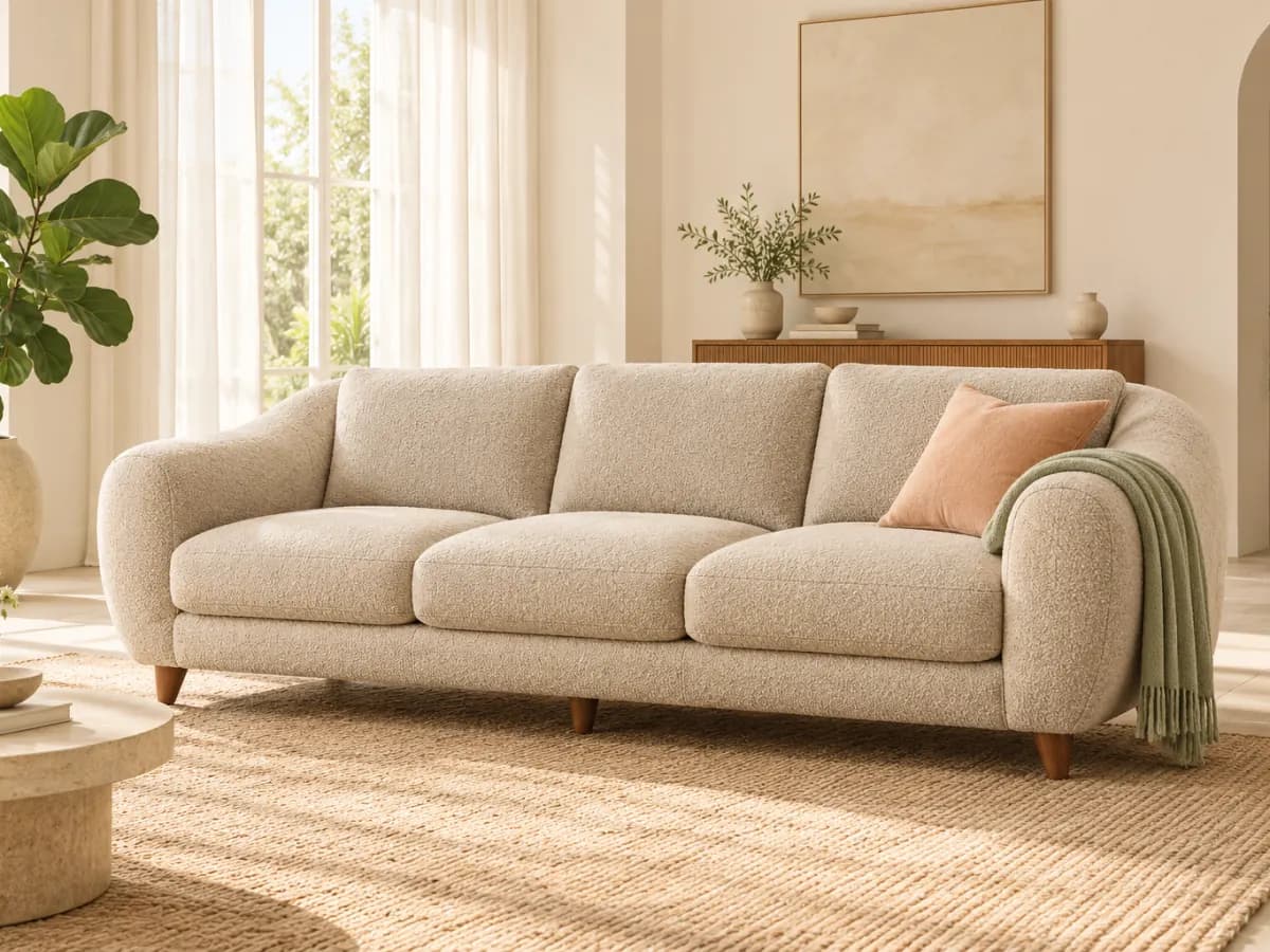 The Haven three-seater sofa in oatmeal bouclé with rounded arms, a peach cushion and a sage throw in a sunlit living room