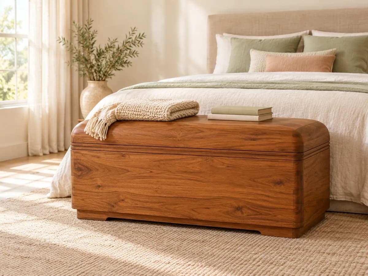 The Heirloom teak blanket chest with a domed lid at the foot of a bed, topped with a folded knit blanket and two books