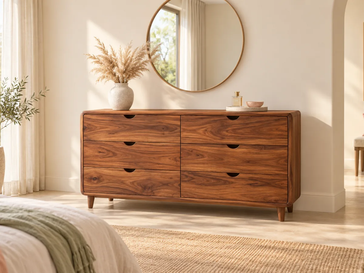 The Hush six-drawer sheesham dresser with half-moon finger pulls below a round mirror, styled with a vase of dried pampas