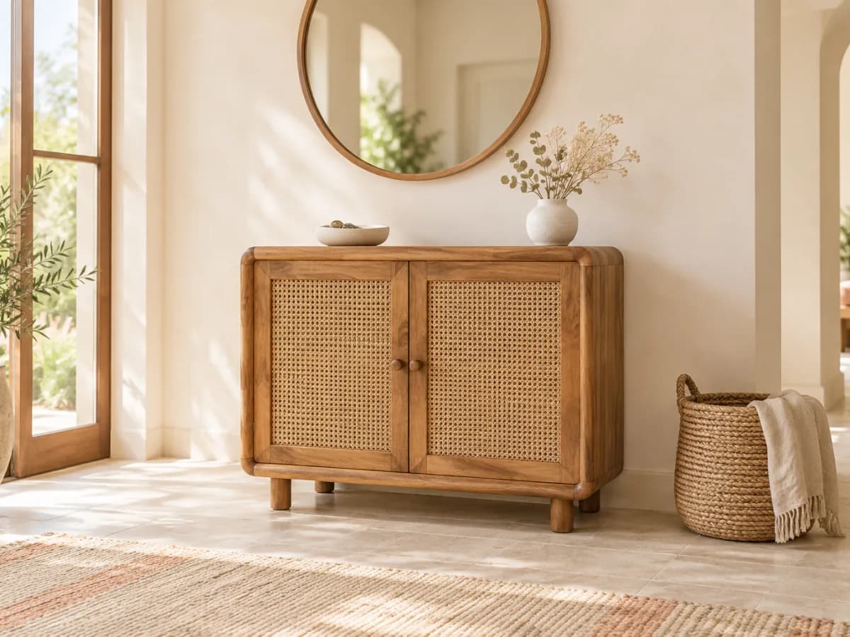 The Keep shoe cabinet with a mango wood frame and two cane-panel doors below a round mirror in a bright entryway