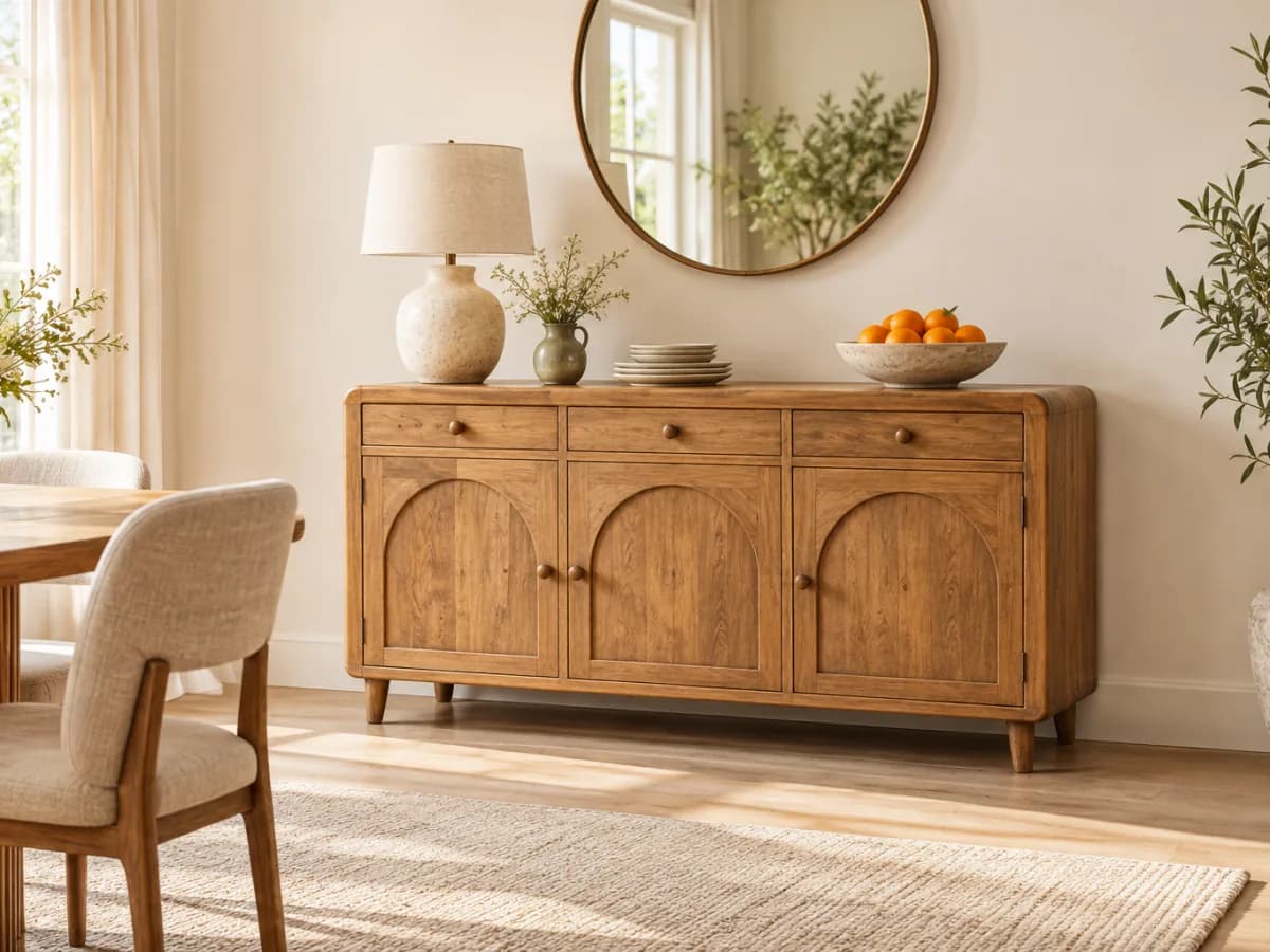 The Larder mango wood sideboard with three arched doors and a row of drawers, styled with a lamp and a bowl of oranges