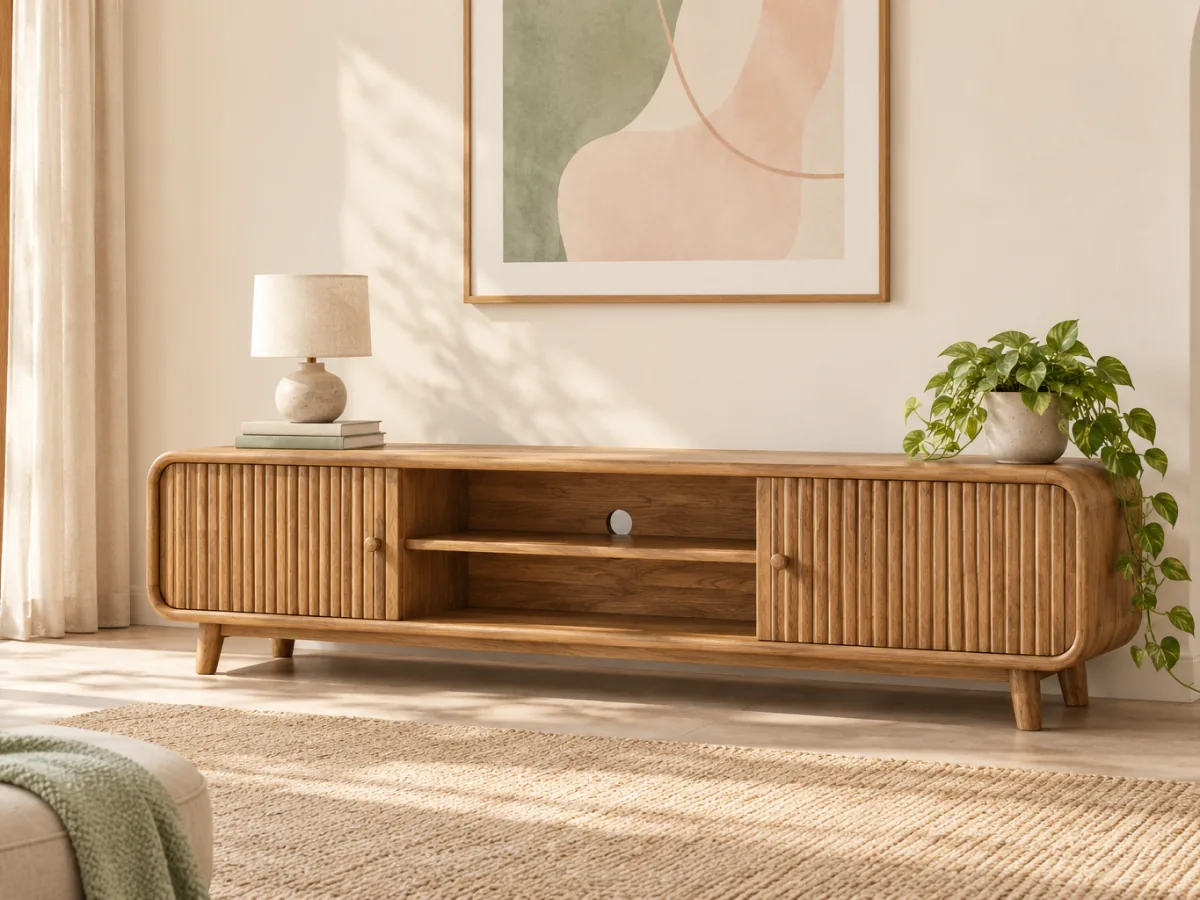 The Ledge mango wood media unit with fluted doors and an open shelf, styled with a lamp and a trailing plant below an abstract print