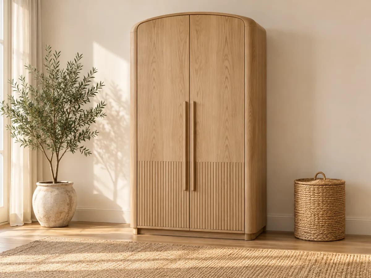 The Linen two-door oak wardrobe with an arched top, fluted lower panels and long slim pulls beside a potted olive tree