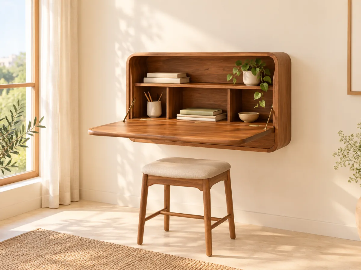 The Margin teak wall desk mounted on an ivory wall with its front folded open to show cubbies, and a stool beneath