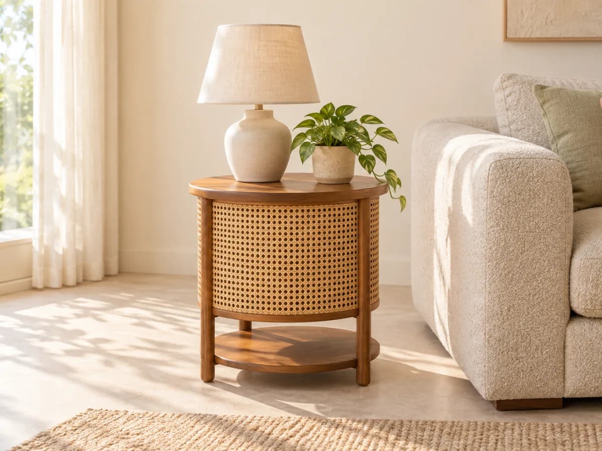 The Moss round side table with a teak top and a cane-wrapped body holding a linen-shade lamp beside a bouclé sofa