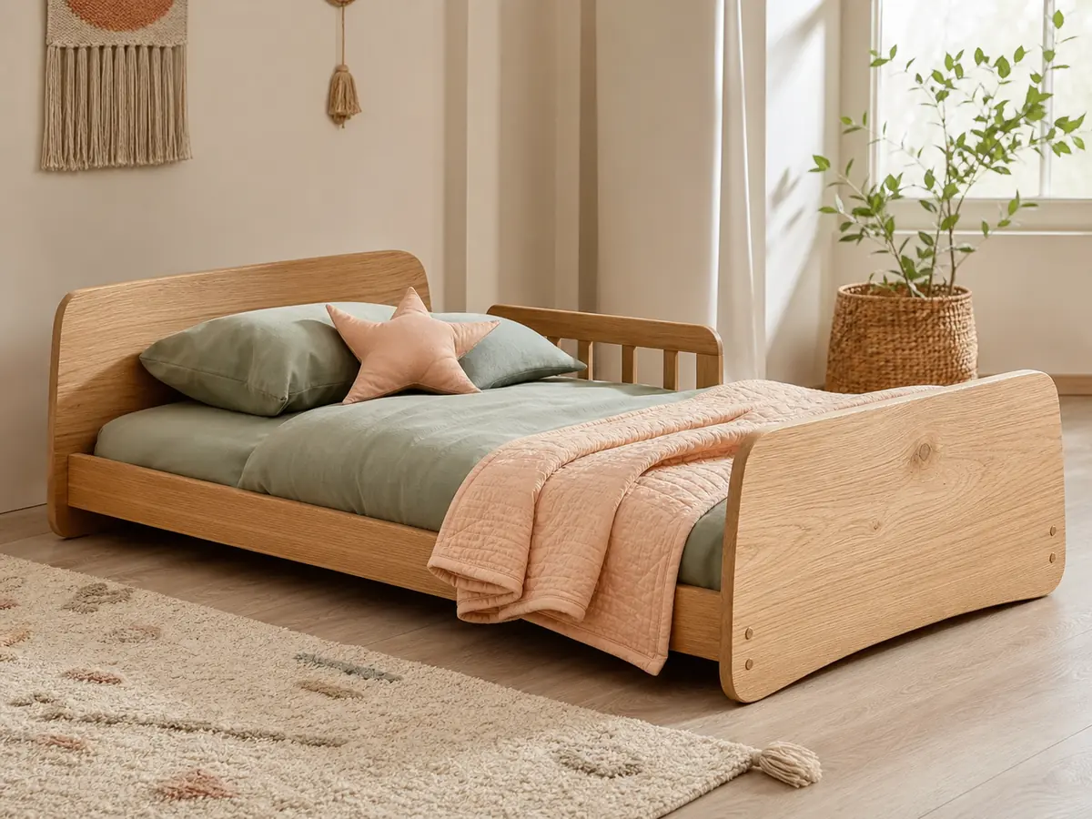Photograph of the rounded light-wood Nest low toddler bed with a short side rail in a warm bedroom