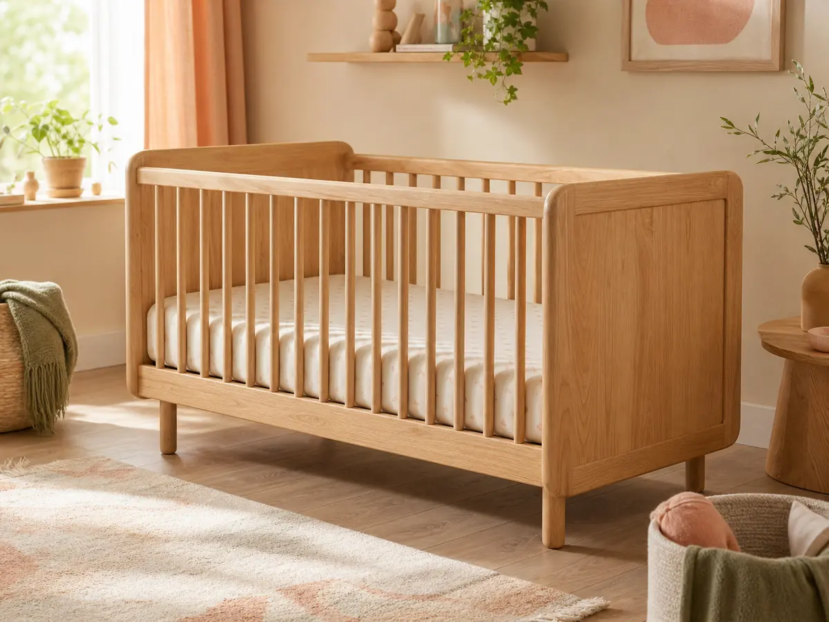 Photograph of the rounded light-wood Nought-to-Five cot in a warm cream nursery