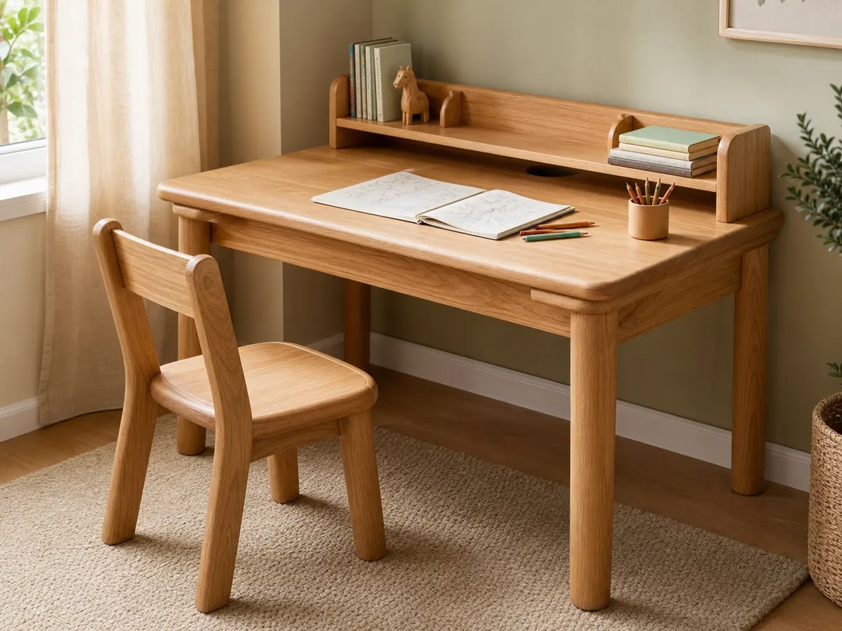 The rounded light-wood Orbit children’s study desk and matching chair in a warm study corner