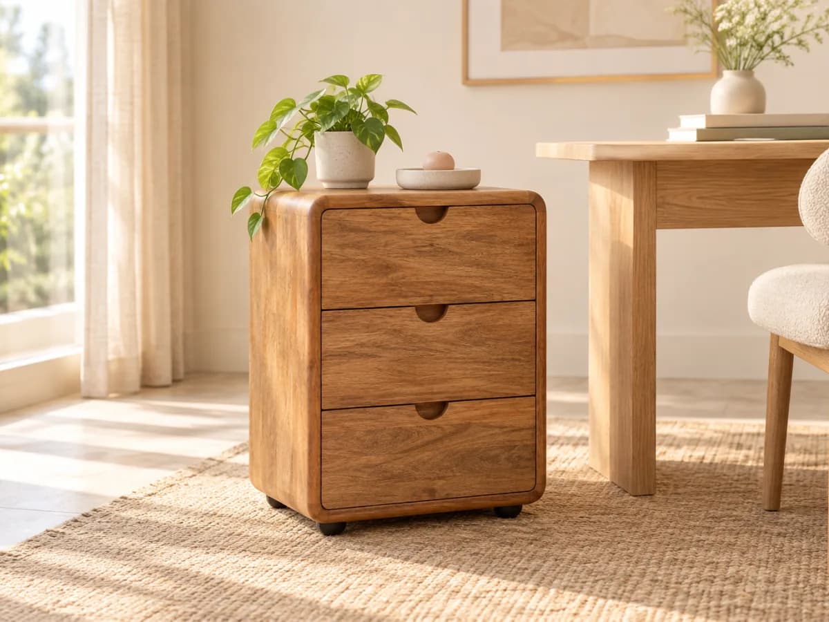 The Quill three-drawer mango wood pedestal on castors beside a light oak desk, topped with a potted plant