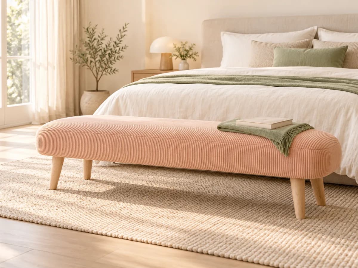 The Rest bed bench in blush-peach corduroy on light beech legs at the foot of a bed, with a sage throw and a book