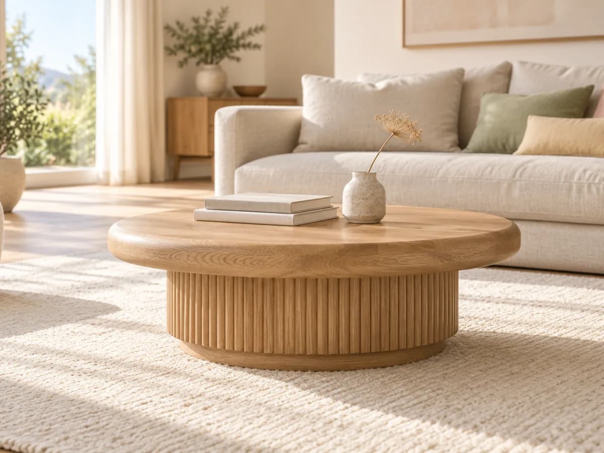 The Ripple round oak coffee table on a fluted plinth base with art books and a ceramic vase on a cream rug