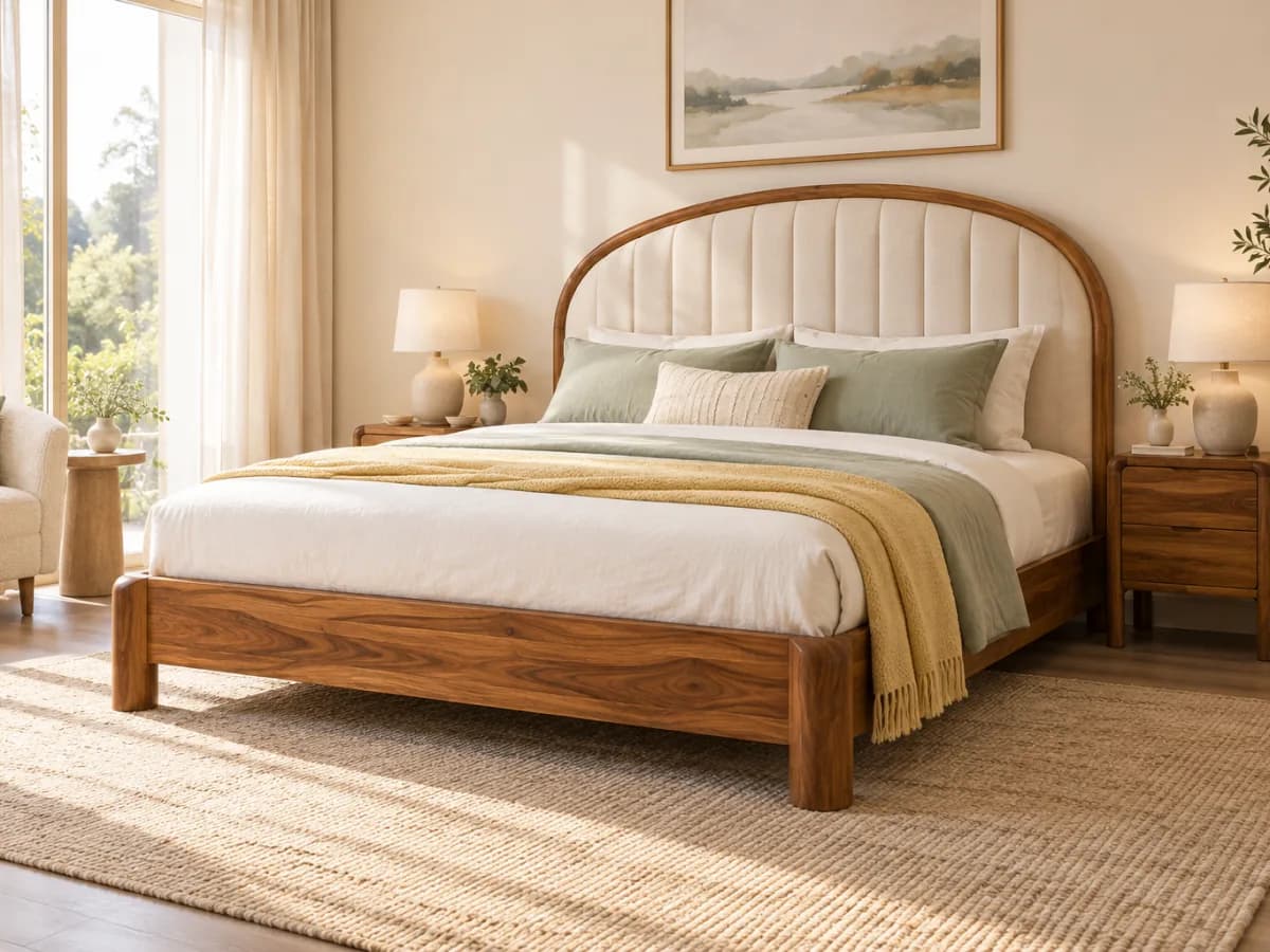 The Solace queen bed with a sheesham frame and an arched cream linen headboard, dressed in white, sage and butter-yellow bedding