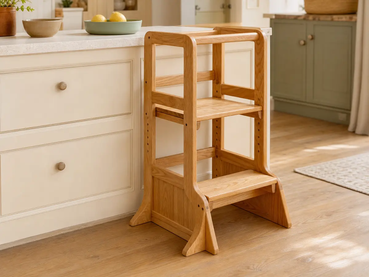 The rounded light-wood Step-Up learning tower beside a warm kitchen counter