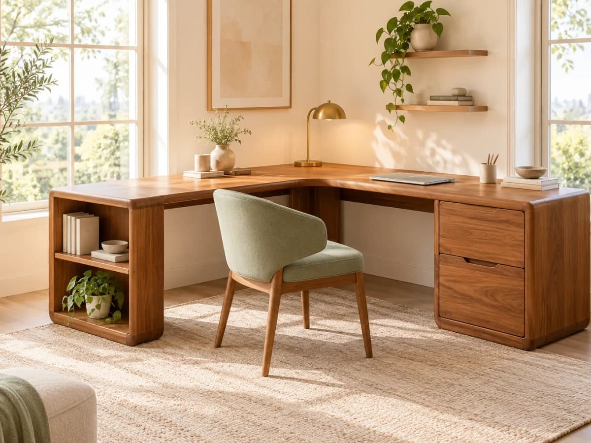 The Studio L-shaped teak corner desk with a drawer unit and an open shelf, paired with a sage chair between two windows