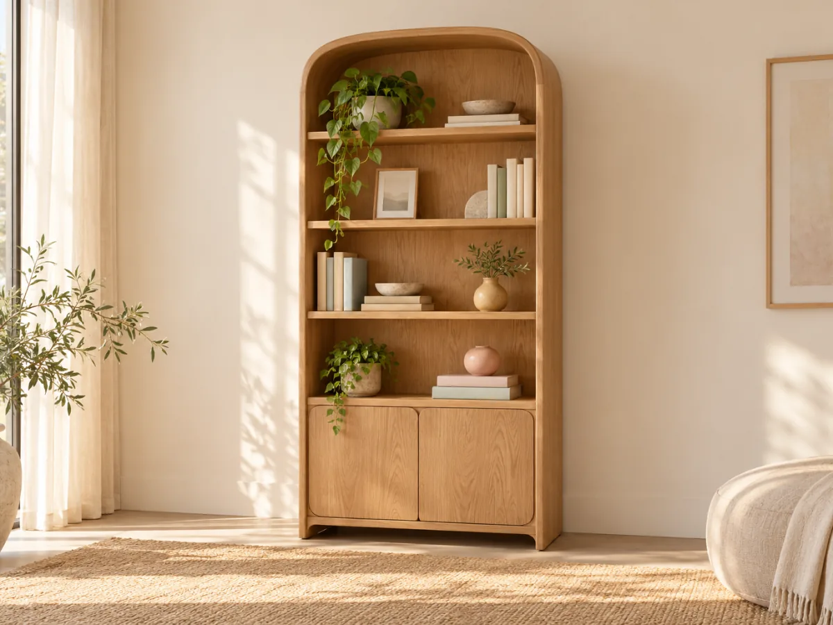 The Tier tall oak bookshelf with an arched top, open shelves of books, ceramics and plants, and two lower cupboard doors