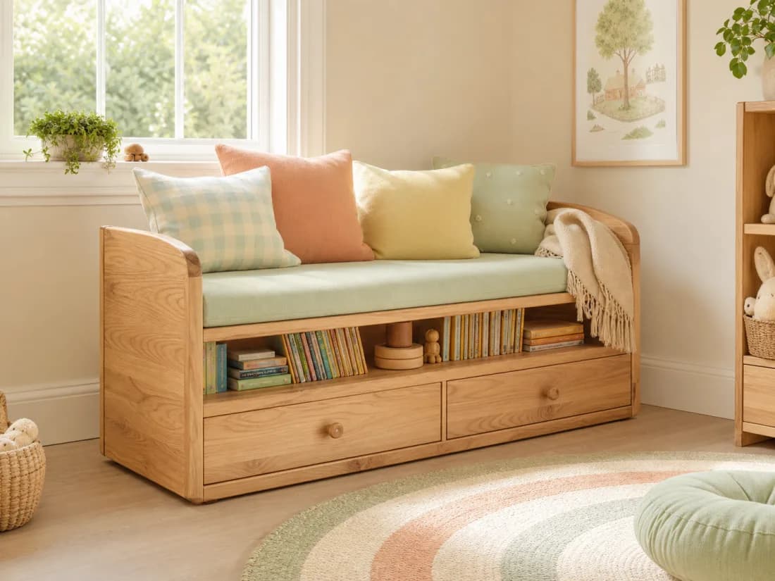 Photograph of a rounded light solid-wood children’s reading bench with open books and two under-seat drawers