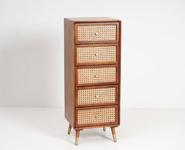 Adore Tall Chest of Drawers in Solid Mango Wood and Rattan Mesh Adore Tall Chest of Drawers in Solid Mango Wood and Rattan Mesh