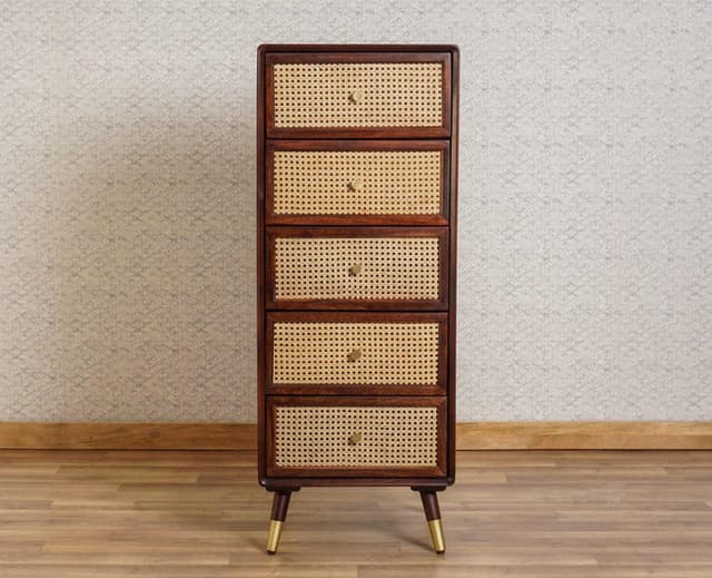 Adore Tall Chest of Drawers in Solid Mango Wood and Rattan Mesh Adore Tall Chest of Drawers in Solid Mango Wood and Rattan Mesh