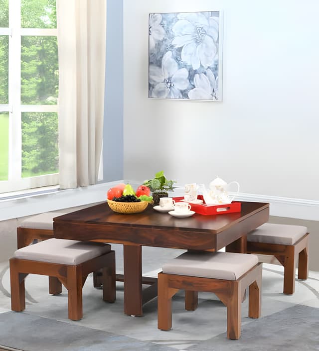 Adore Mahira Coffee Table Set with 4 Cushion Stools Adore Mahira Coffee Table Set with 4 Cushion Stools