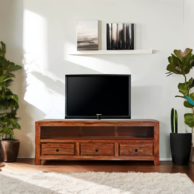 Adore Alen Tv Cabinet With 3 Drawers in Solid Sheesham Wood Adore Alen Tv Cabinet With 3 Drawers in Solid Sheesham Wood
