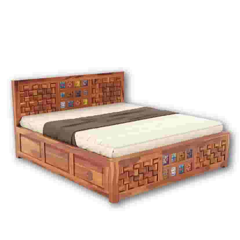 Adore Niwad Tile Bed in Solid Sheesham Wood With Box Storage Adore Niwad Tile Bed in Solid Sheesham Wood With Box Storage