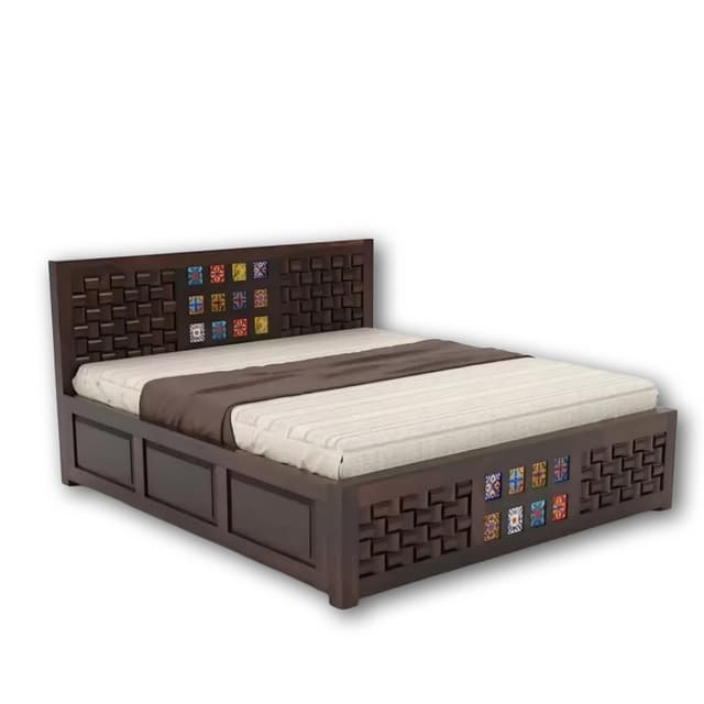 Adore Niwad Tile Bed in Solid Sheesham Wood With Box Storage Adore Niwad Tile Bed in Solid Sheesham Wood With Box Storage