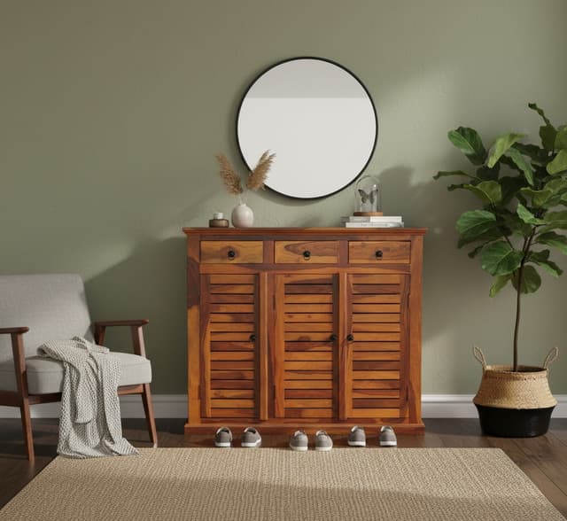 Adore Shoe Cabinet with 3 Drawers and 3 Doors Solid Sheesham Wood Adore Shoe Cabinet with 3 Drawers and 3 Doors Solid Sheesham Wood