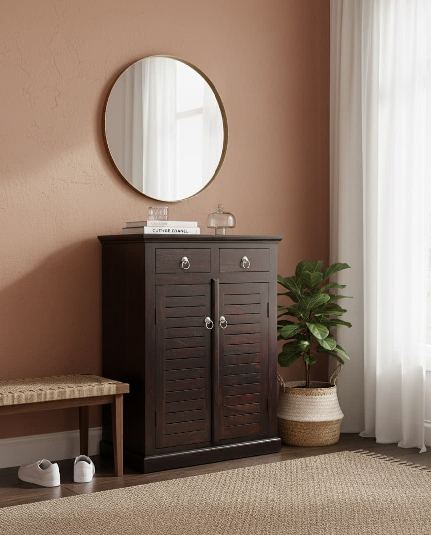 Adore Solid Sheesham Wood Shutter Door Cabinet with 2 Drawers & 2 Doors Adore Solid Sheesham Wood Shutter Door Cabinet with 2 Drawers & 2 Doors