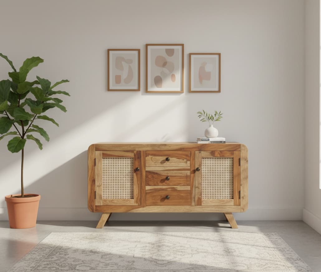 Adore Sideboard Cabinet With Rattan Doors And 3 Drawer in Solid Sheesham wood Adore Sideboard Cabinet With Rattan Doors And 3 Drawer in Solid Sheesham wood
